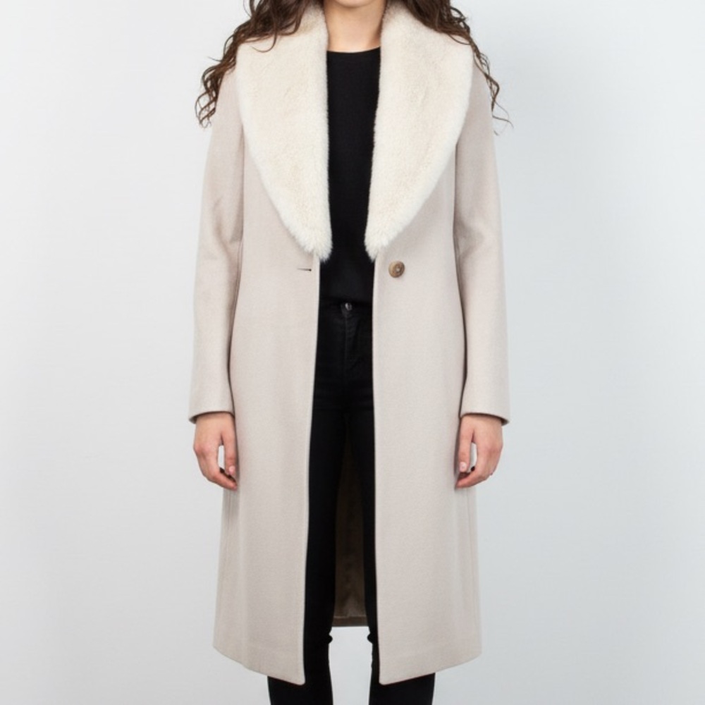 Reiss Cream Wool Coat with White Fur Collar